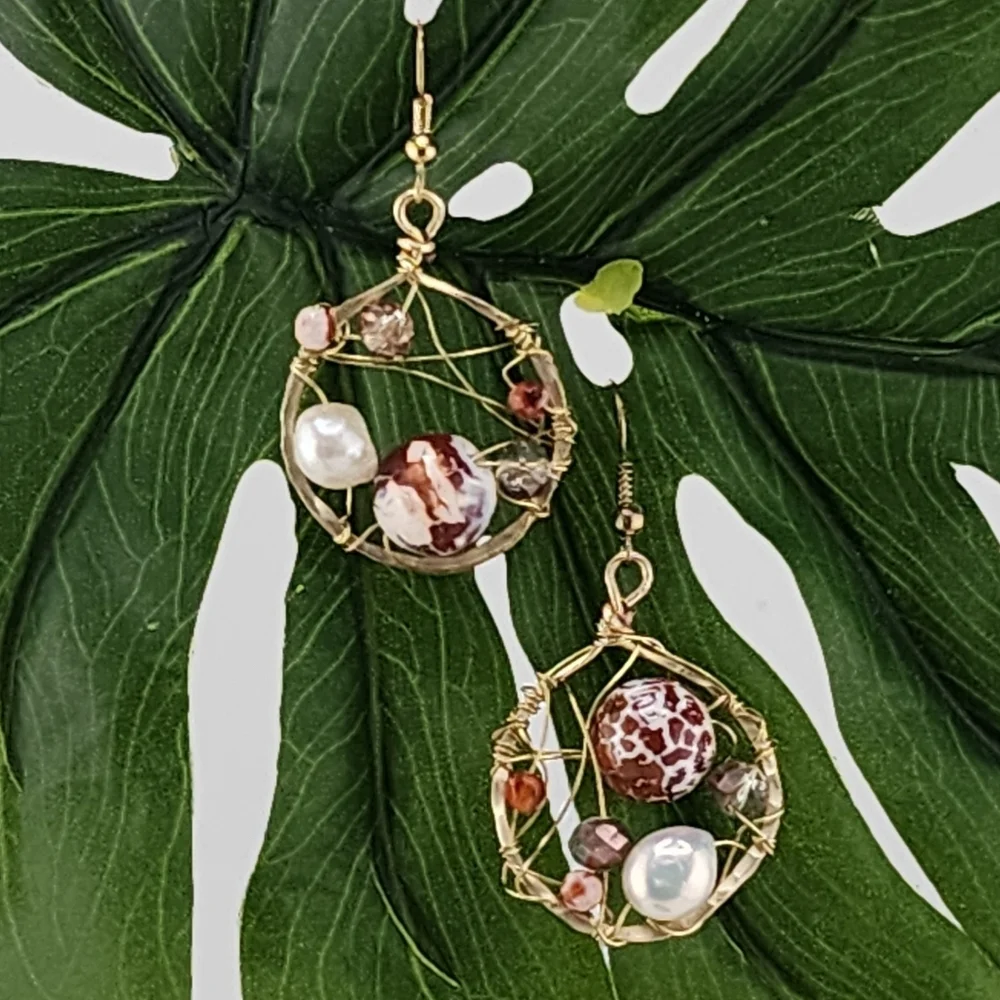 CATCH DREAMS BRASS METAL HANDMADE EARRINGS W/ AGATE, PEARLS & CRYSTALS